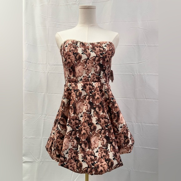 Altar’d‎ State Clover Floral Bubble Dress in Brown Mini Strapless Large New - Picture 2 of 12